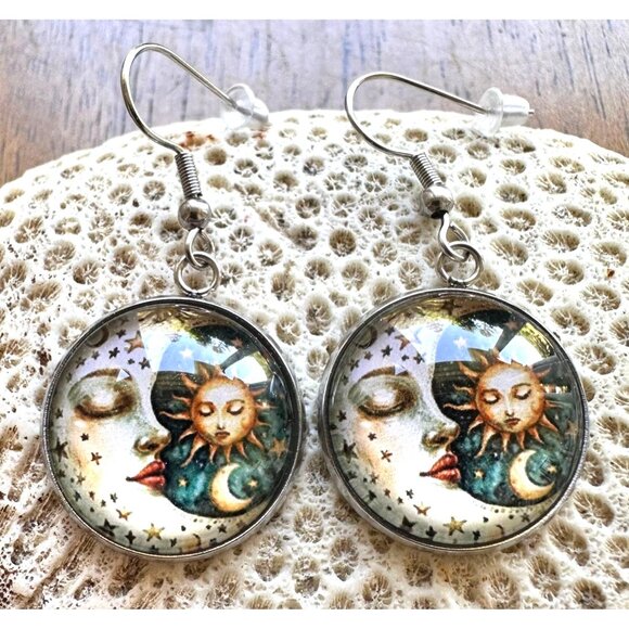 Moon Star Sun Earrings Navy Blue Eclectic Planet Astrology Zodiac Celestial Taro - Picture 3 of 12
